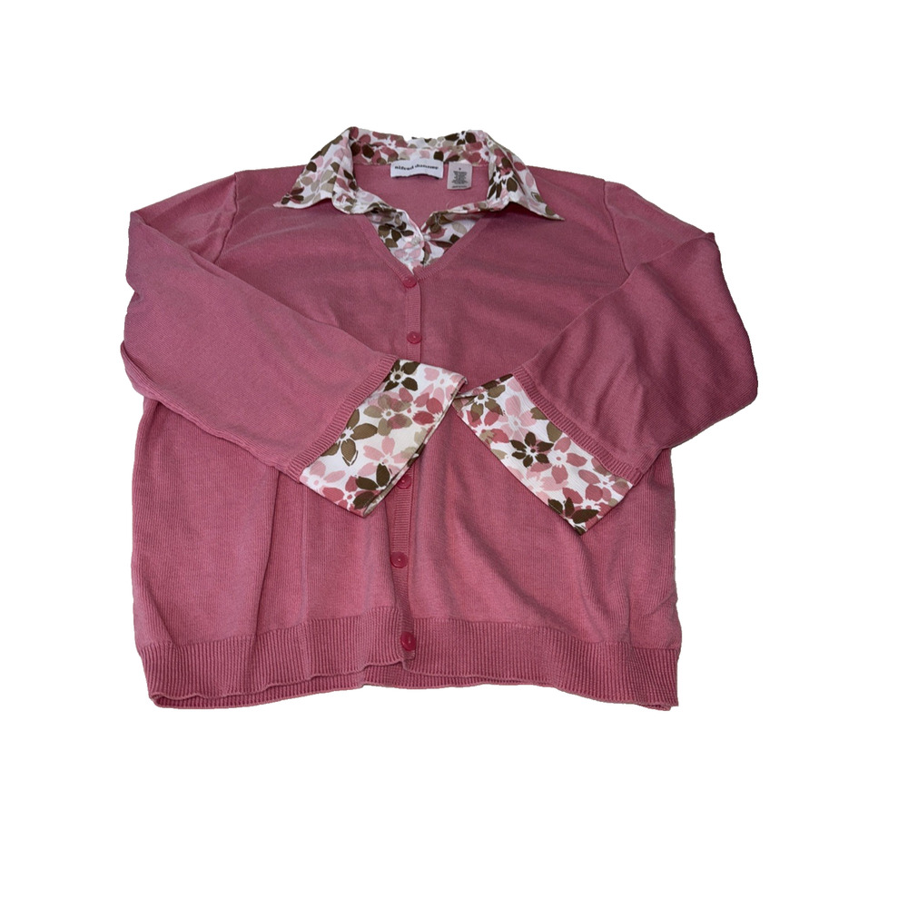 Alfred Dunner Med Pink Sweater Over Shirt Layered Look Floral Cuff & Collar